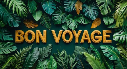 bon voyage lettering on jungle leaves background