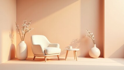 Serene Minimalist Room Decor Featuring a Cozy Armchair, Side Table, and Elegant Flower Arrangements in Pastel Hues