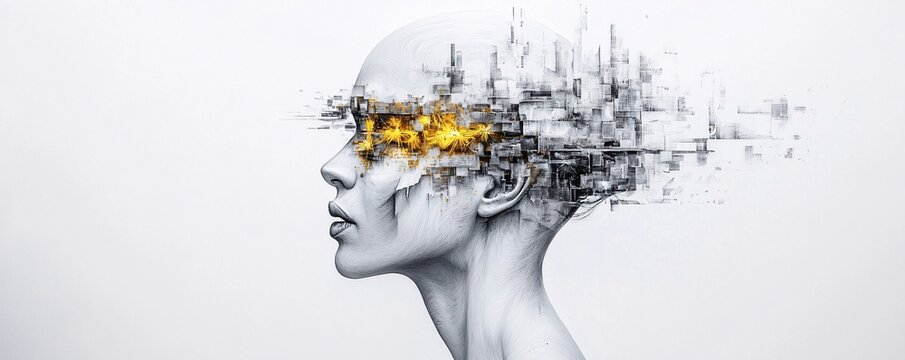 Mixed media surrealist art featuring a fragmented human form created through layered charcoal sketches, digital glitches, and gold leaf highlights, embodying the concept of identity and
