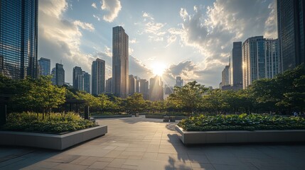 Fototapeta premium The outdoor square of the city has green plants and concrete planters, with high-rise buildings in the background. The wide-angle lens captures the entire scene, highlighting its modernity. Bright sun