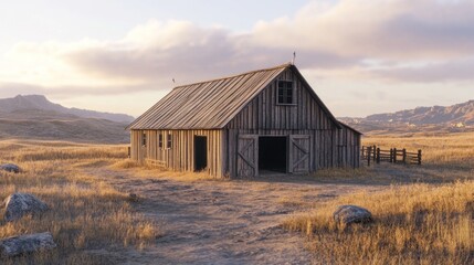 Obraz premium Rustic wooden barn stands in a golden field at dawn