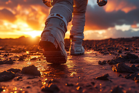 Close-up of astronaut's steps on the surface of the red planet. Concept of exploring other planets.
