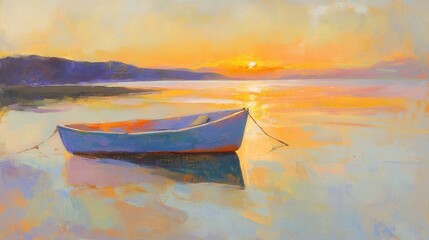 Boat resting on calm waters beneath a vibrant sunset sky