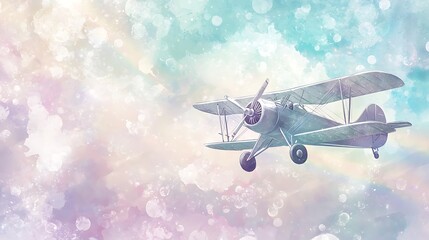 Vintage Biplane Soaring Through a Dreamlike Watercolor Sky.