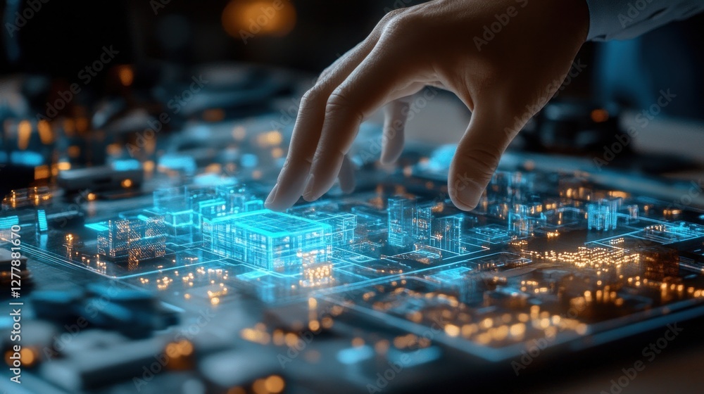 Poster hand hovers over illuminated intricate computer circuit board design