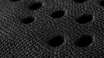 Close-up of textured black fabric with evenly spaced perforations.  Ideal for sportswear, accessories, or industrial applications.