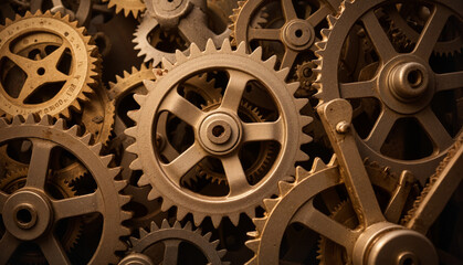Fototapeta premium Intricate gear mechanisms shining under warm light, mechanical precision, gear wheels