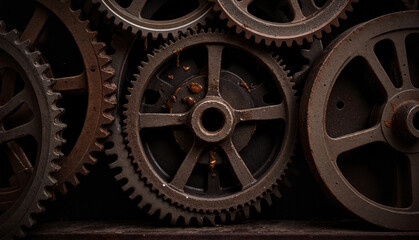 Gritty industrial gears with dark oil dripping, mechanical artistry, gear wheels