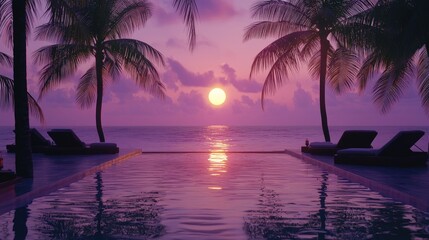 Tranquil Sunset Over Pool with Palm Trees and Ocean View at Dusk