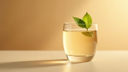 A refreshing herbal infusion, delicately garnished with fresh leaves, sits in a clear glass, bathed in soft, warm light, creating a serene and inviting atmosphere.