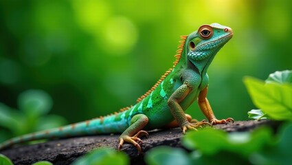 Obraz premium Vibrant Green Lizard Perched on a Dark Surface Amidst Lush Foliage, Basking in Soft Sunlight, Exhibiting Intricate Scales and Striking Colors