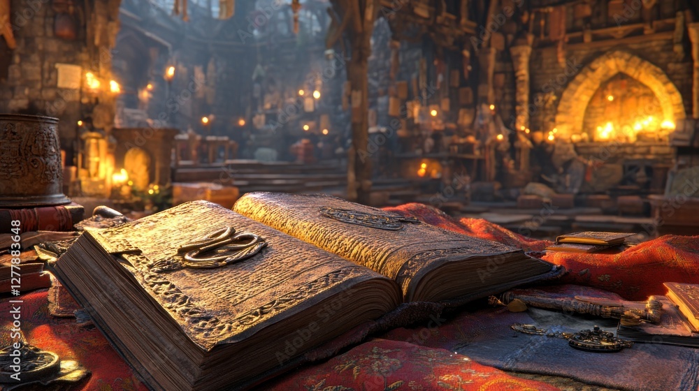 Poster ancient open book rests on table within a warm library