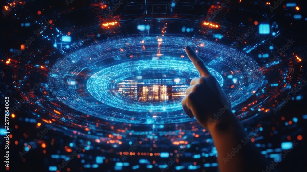 Poster finger pointing towards a futuristic digital display interface