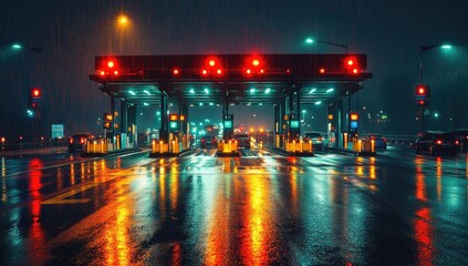 Rainy Night Toll Booth, Cars Queuing, City Background