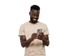 Happy black man using smartphone get pleasant message