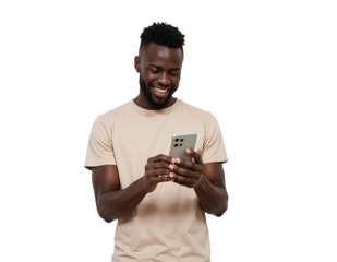 Happy black man using smartphone get pleasant message, african american man transparent background