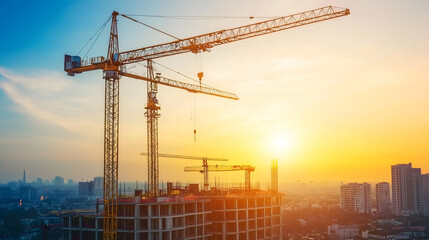Construction site, cranes and multi-storey unfinished buildings at sunrise or sunset.