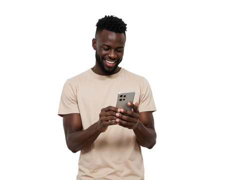 Happy black man using smartphone get pleasant message