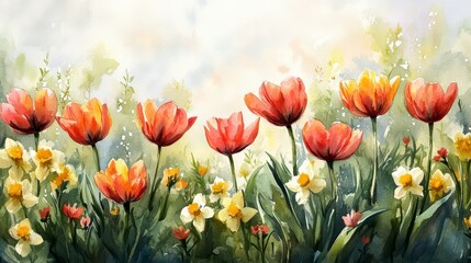 Obraz premium Vibrant tulips blooming in spring garden nature scene watercolor artwork serene environment