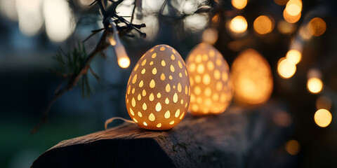 Fototapeta premium Easter Eggs on Rustic Log with Twinkling Lights