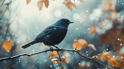 Fototapeta premium Dark bird perched on a branch in snowy autumn.