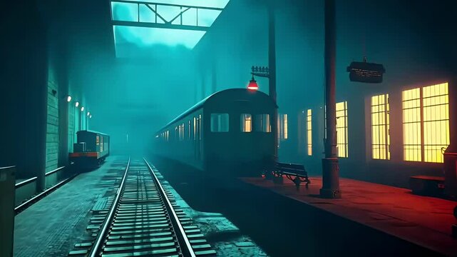 Abandoned train station with fog, empty tracks, and vintage train cars under moody lighting