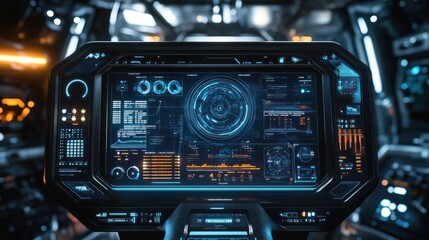 Fototapeta premium Futuristic spaceship cockpit interface showing complex holographic data display