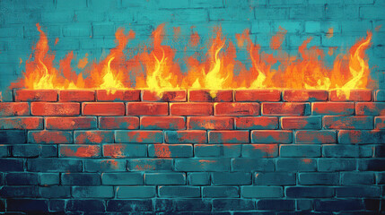 Digital firewall security concept with burning firewall bricks representing network protection and cybersecurity