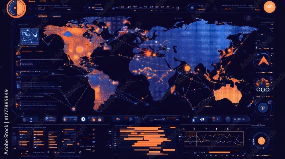 Poster futuristic world map interface displays global connections and information