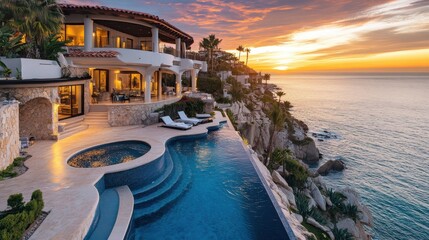 Fototapeta premium Luxury Cliffside Villa with Infinity Pool at Sunset.