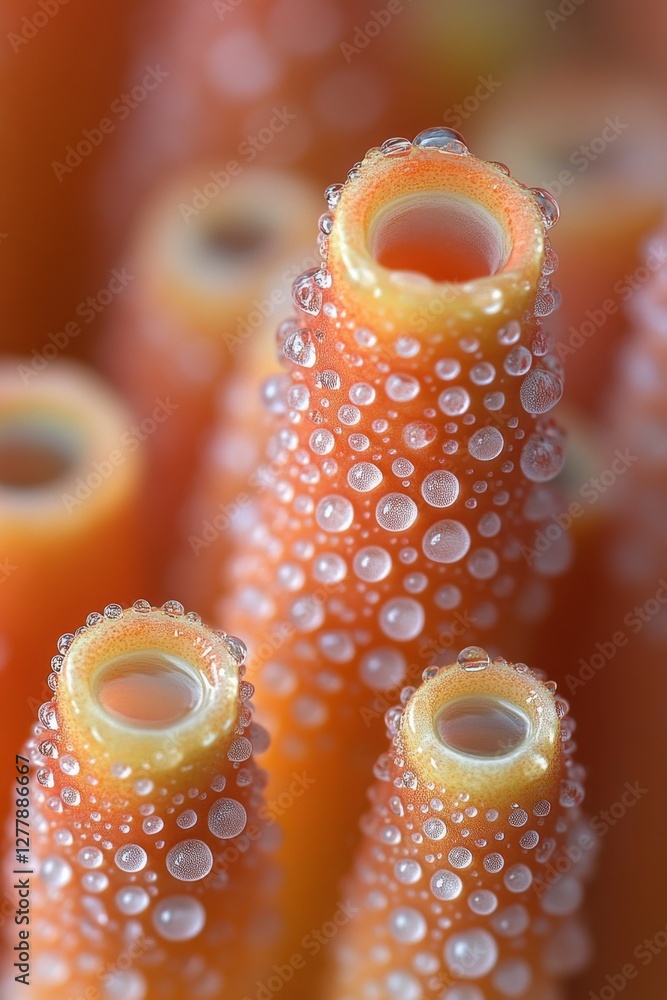 Poster enchanting close up of orange plant structures adorned with sparkling water droplets in a delicate m