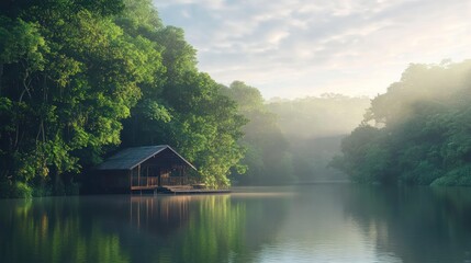 Fototapeta premium Wooden house on a lake surrounded by lush green forest