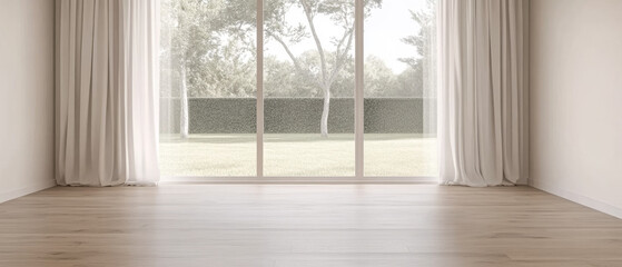 Obraz premium Bright spacious room with large window and view of garden during daylight