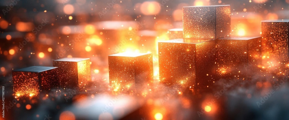 Poster abstract geometric cubes in a 3d render with shiny particles and warm orange lighting
