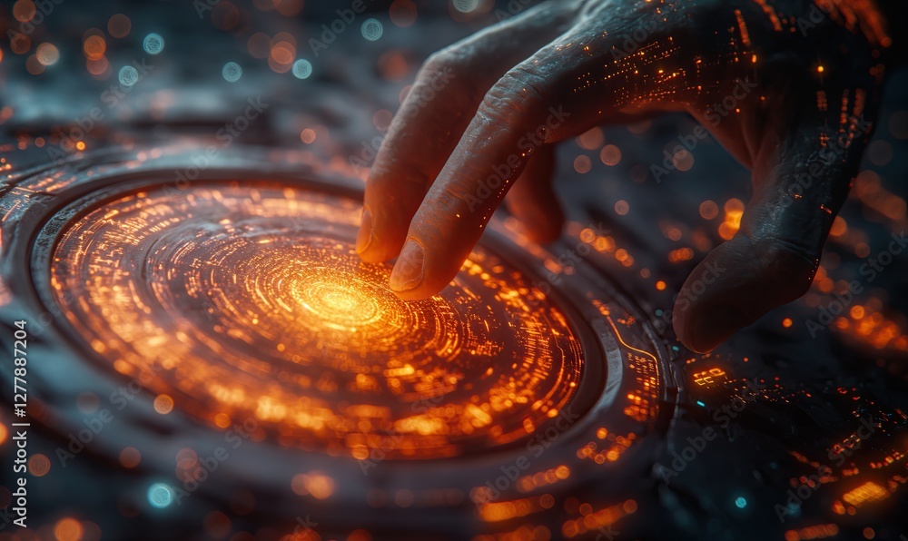 Poster touching the glowing interface in a digital realm. generative ai