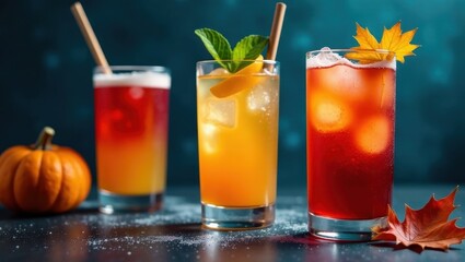 Fototapeta premium Autumnal Refreshments Three Iced Cocktails Garnished with Fall Leaves and a Small Pumpkin