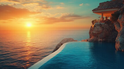 Luxury Cliffside Villa with Infinity Pool at Sunset.
