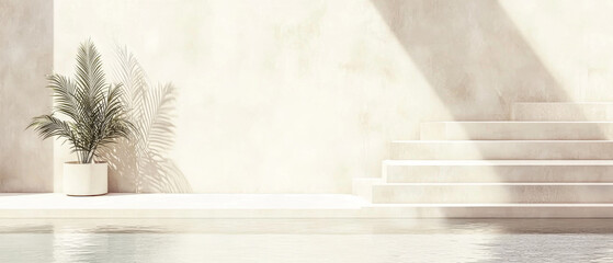 Fototapeta premium Minimalist design with a serene pool and a potted palm in bright sunlight