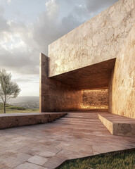 Modern architectural design integrates with nature in a serene outdoor space