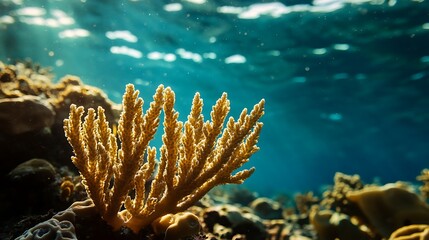 Golden Coral Garden Underwater Scene with Sunbeams and Turquoise Water
