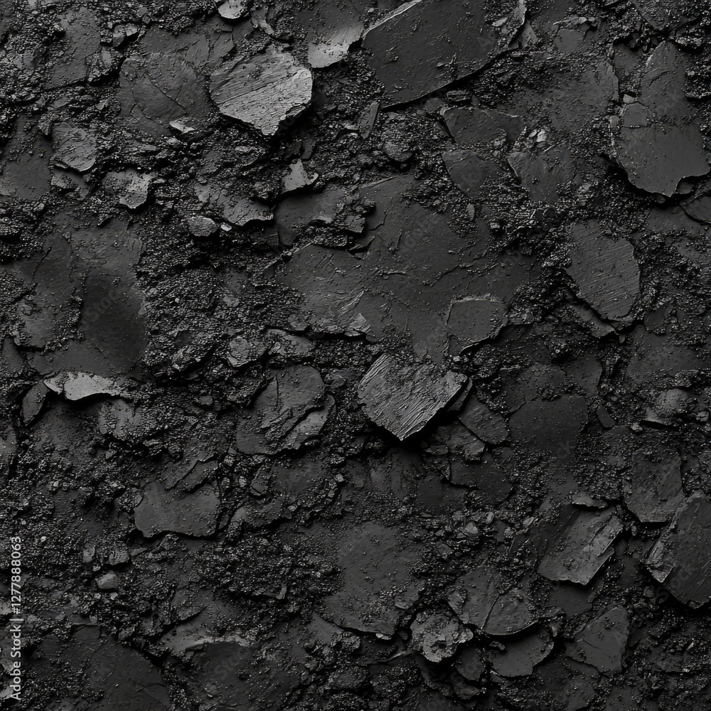 Poster Dark and Rough: An Abstract Texture of Fractured and Eroded Black Material, Showing Depth and Shadow. 