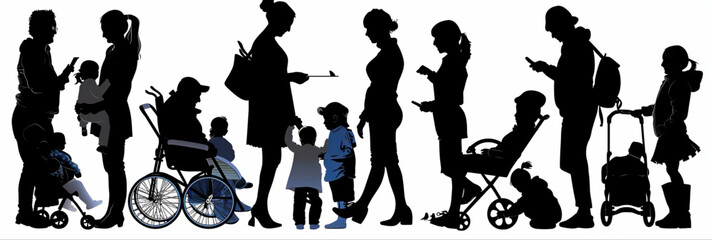 Set of silhouettes cartoon vector illustration of people walking together family concept