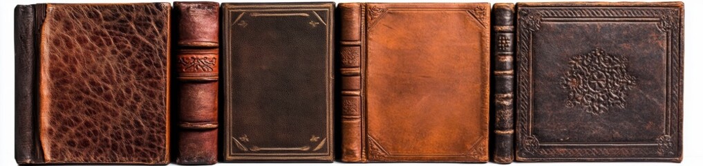 Obraz premium Five antique leather-bound books arranged horizontally; studio shot; white background; book design