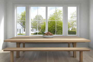 Natural light floods a minimal interior with a wooden table and fresh produce on display