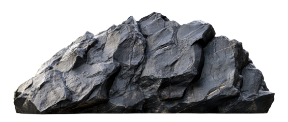 Large black stone outcrop with sharp edges, isolated on transparent cutout background