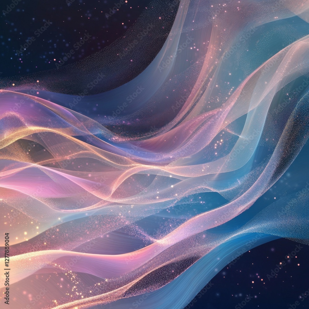 Poster Ephemeral Dreams: Ethereal Waves of Light and Color Flowing Through a Starry Night Sky, Creating a Mesmerizing Abstract Display