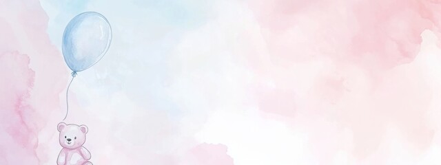 Soft pastel gradient background with a teddy bear and balloon for text. Generative AI