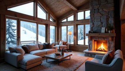 Fototapeta premium Cozy Mountain Cabin Living Room with Fireplace and Stunning Winter View