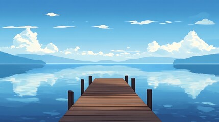 Obraz premium Tranquil Lake Scene With Wooden Dock and Mountains