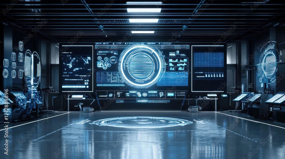 Poster futuristic control room displays advanced technology and data analytics